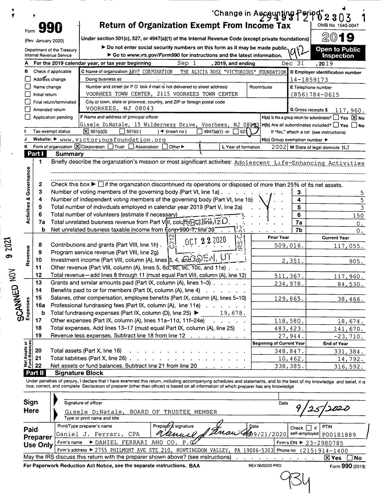 Image of first page of 2019 Form 990 for Arvf Corporation the Alicia Rose Victorious Foundation