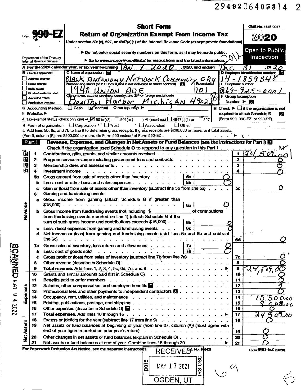 Image of first page of 2020 Form 990EZ for BLACK AUTONOMY NETWORK COMMUNITY ORGanization