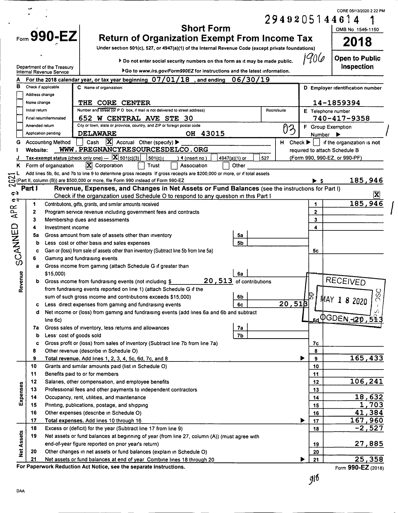 Image of first page of 2018 Form 990EZ for Pregnancy Resources Delaware County