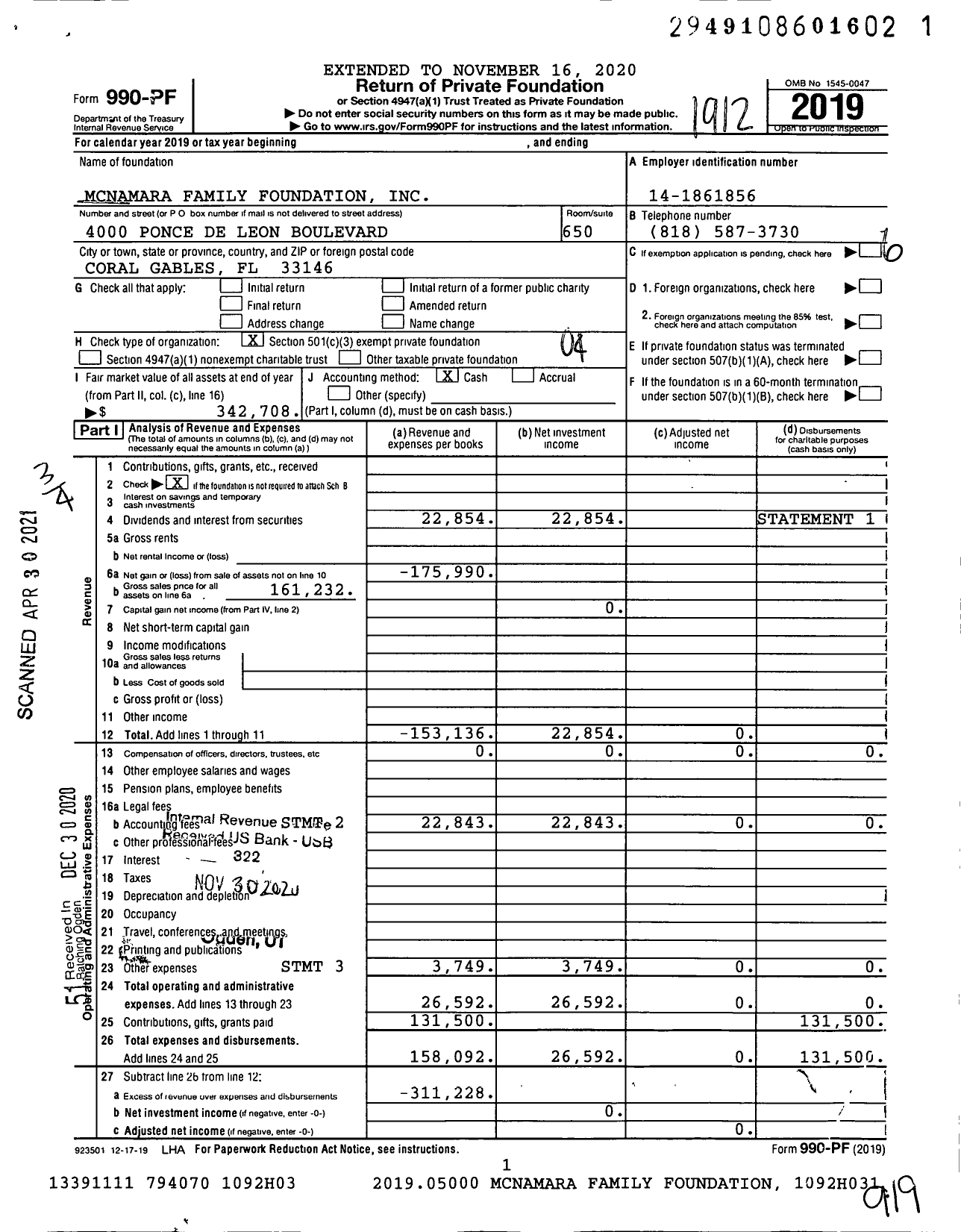 Image of first page of 2019 Form 990PF for Mcnamara Family Foundation