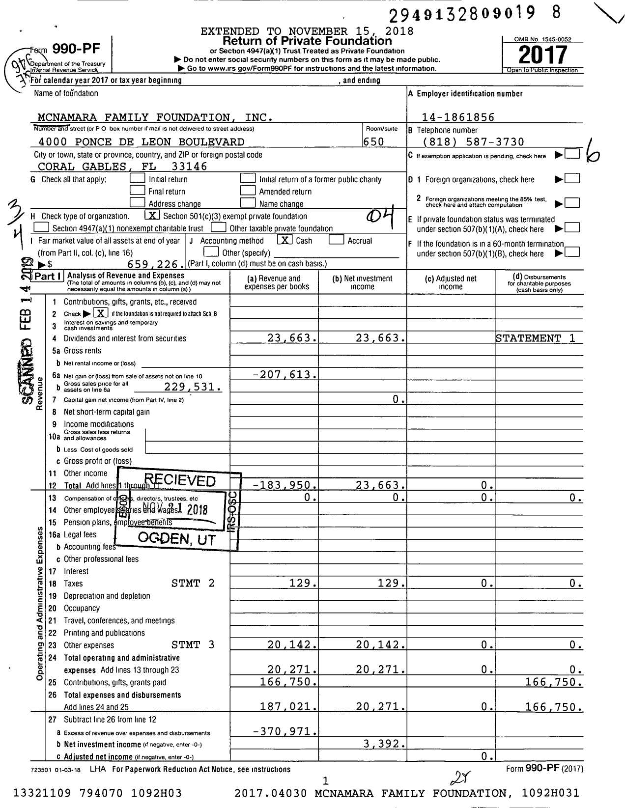 Image of first page of 2017 Form 990PF for Mcnamara Family Foundation