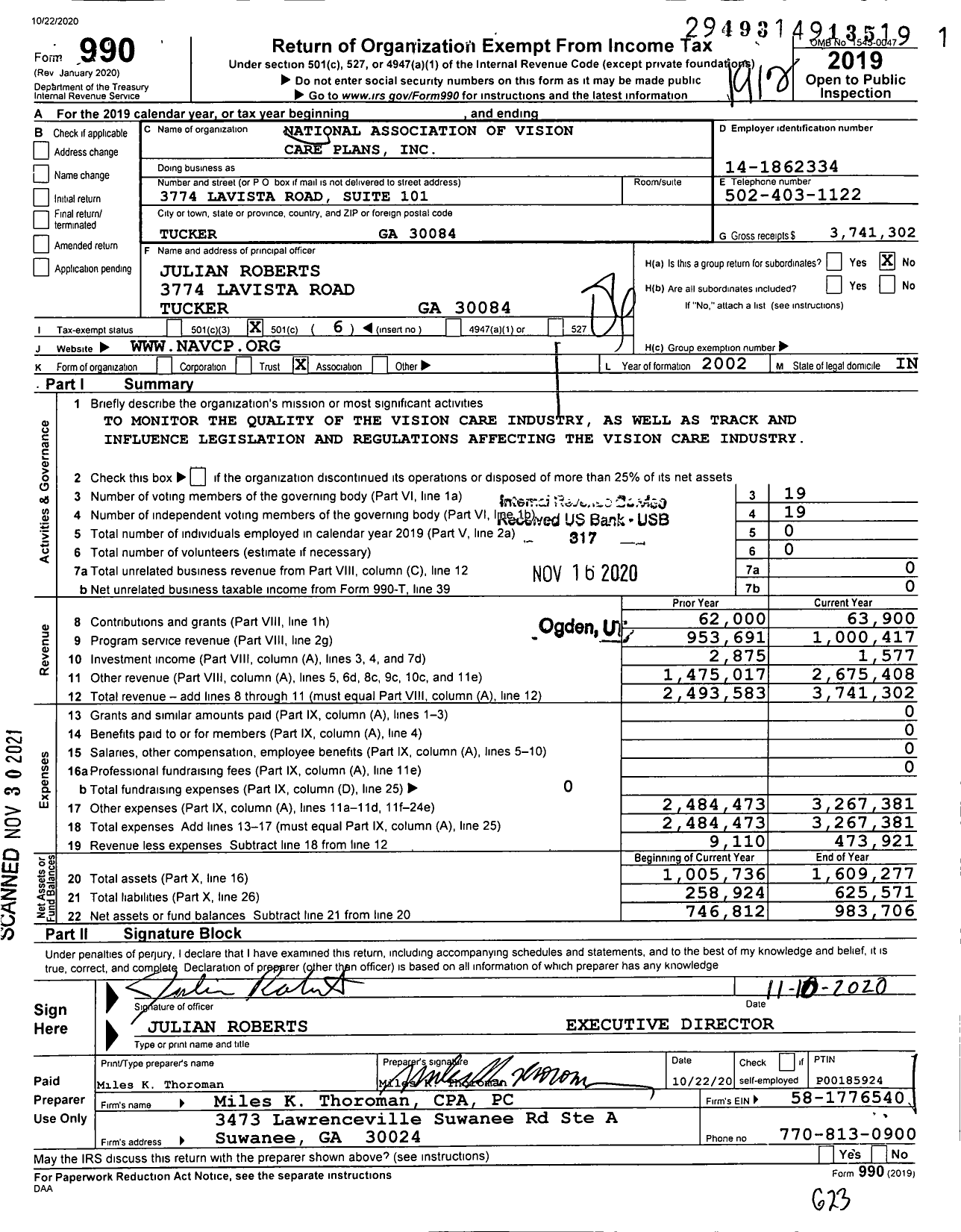 Image of first page of 2019 Form 990O for National Association of Vision Care Plans (NAVCP)