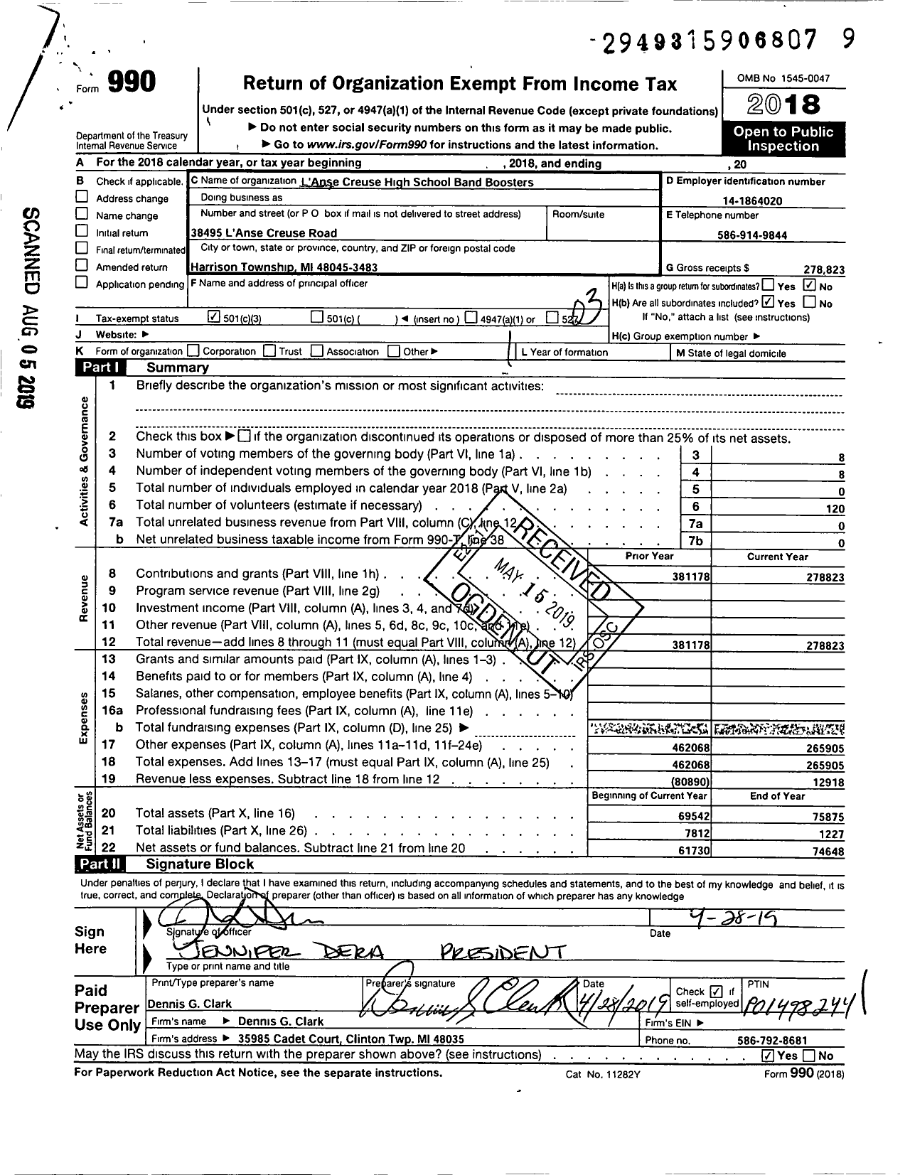 Image of first page of 2018 Form 990 for Lanse Creuse High School Band Booster