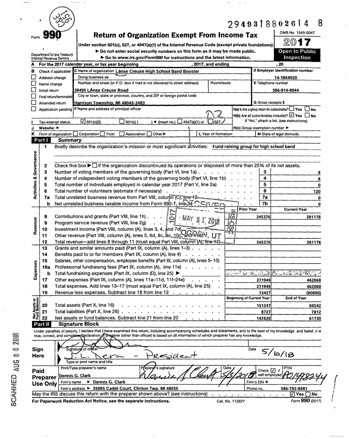 Image of first page of 2017 Form 990 for Lanse Creuse High School Band Booster