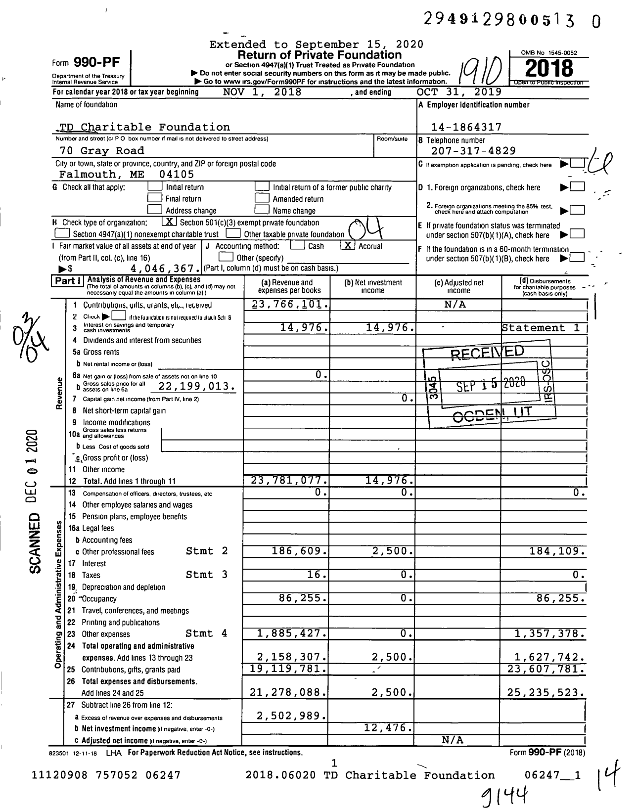 Image of first page of 2018 Form 990PF for TD Charitable Foundation