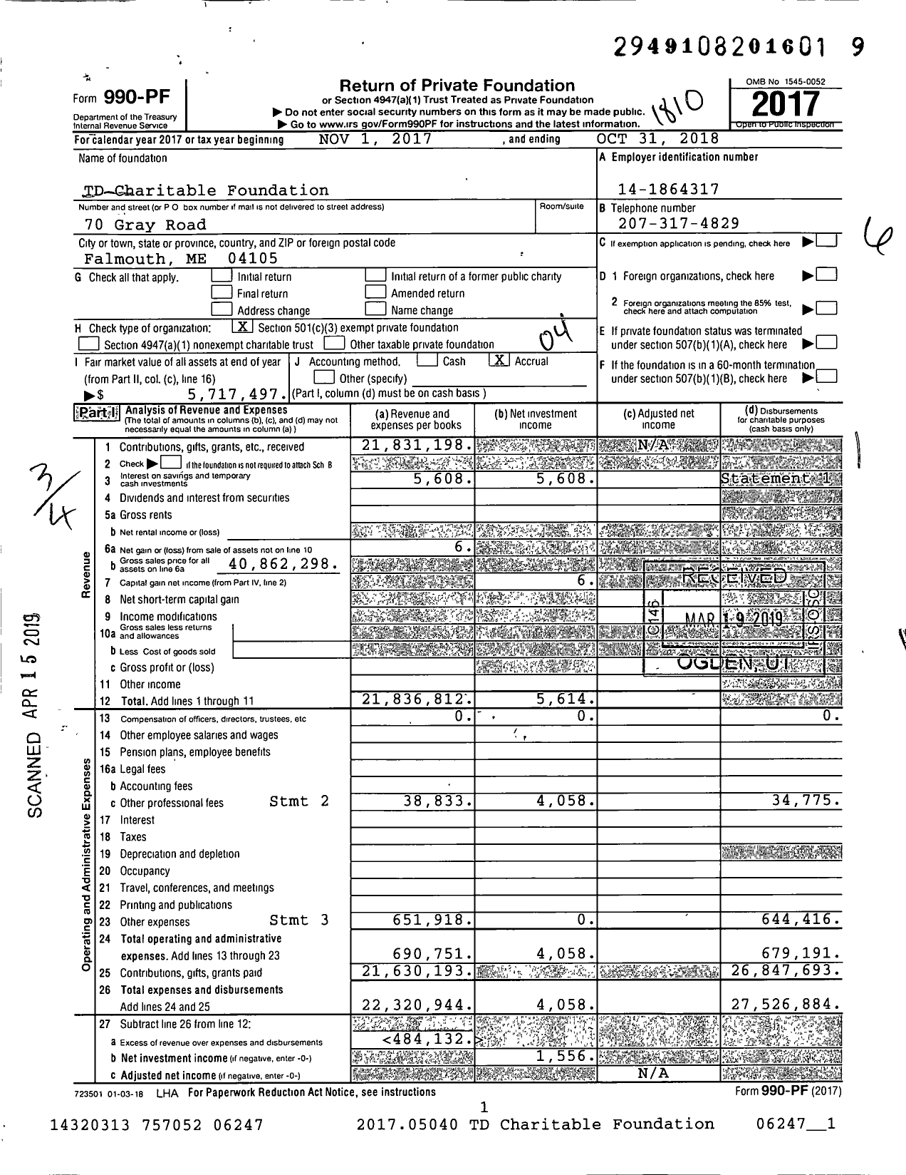 Image of first page of 2017 Form 990PF for TD Charitable Foundation