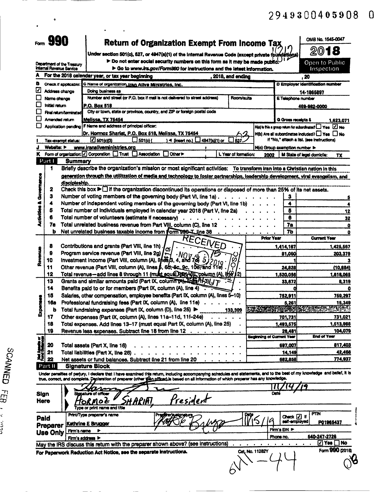 Image of first page of 2018 Form 990 for Iran Alive Ministries