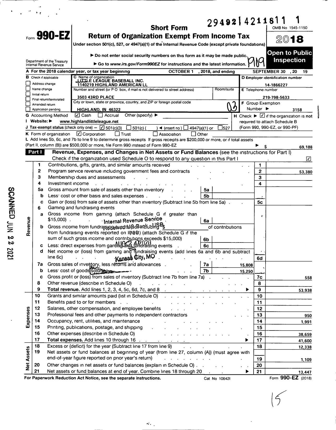 Image of first page of 2018 Form 990EZ for Little League Baseball - 1140218 Highland LL