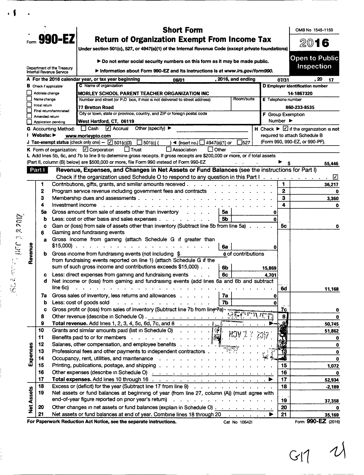 Image of first page of 2016 Form 990EZ for Pto Morley School