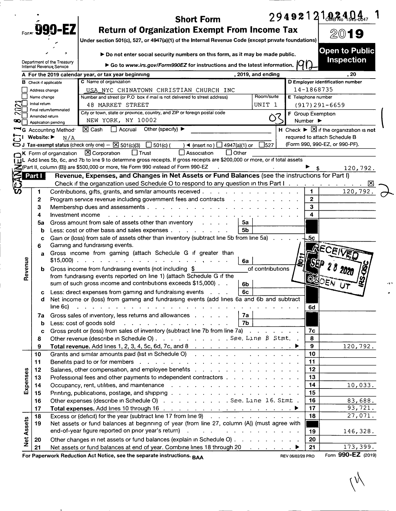 Image of first page of 2019 Form 990EZ for USA Nyc Chinatown Christian Church