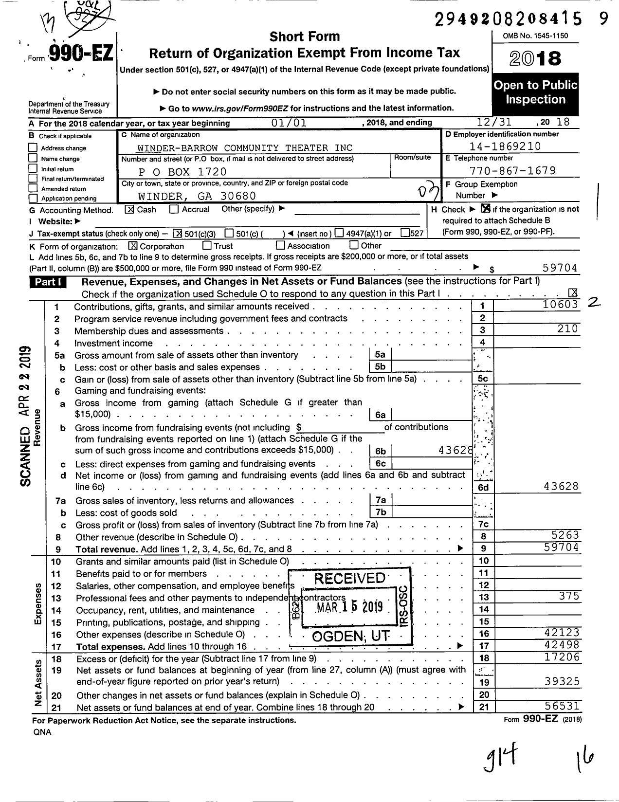 Image of first page of 2018 Form 990EZ for Winder-Barrow Community Theatre