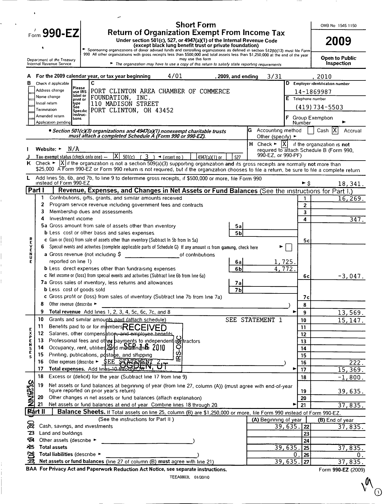 Image of first page of 2009 Form 990EZ for Port Clinton Area Chamber of Commerce Foundation