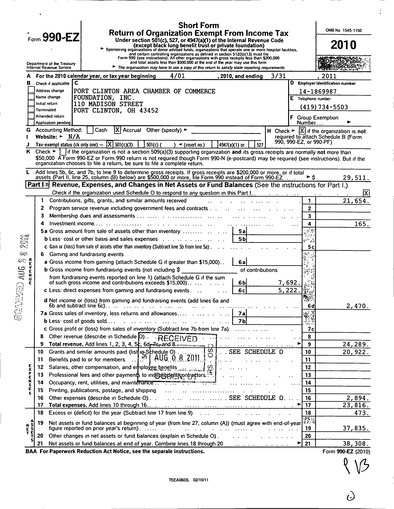 Image of first page of 2010 Form 990EZ for Port Clinton Area Chamber of Commerce Foundation