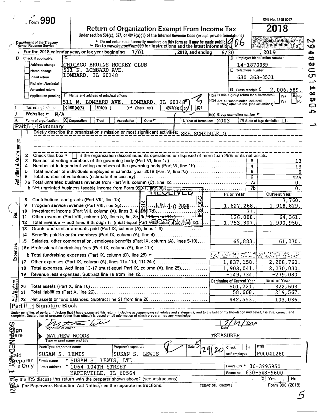 Image of first page of 2018 Form 990 for Chicago Bruins Hockey Club