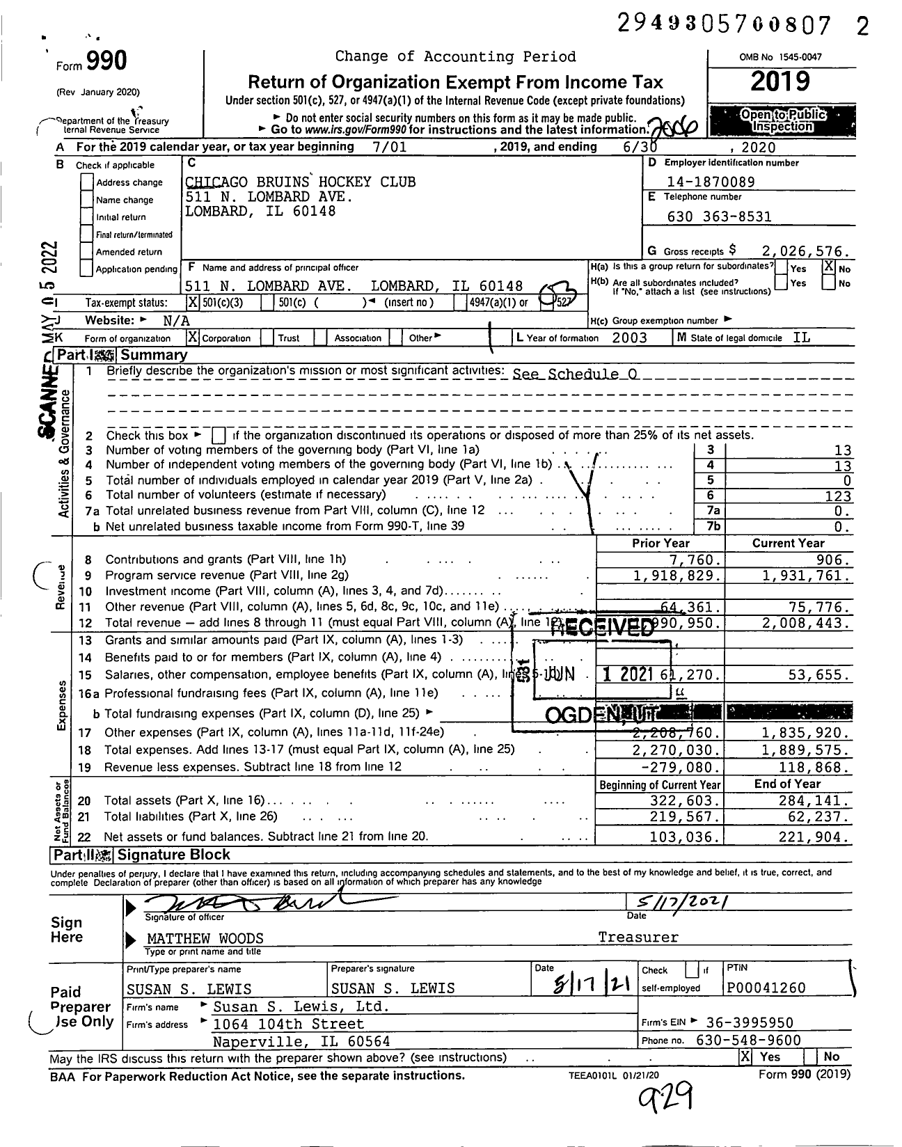 Image of first page of 2019 Form 990 for Chicago Bruins Hockey Club