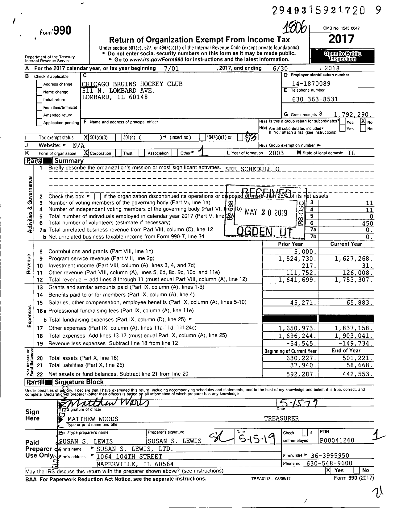 Image of first page of 2017 Form 990 for Chicago Bruins Hockey Club