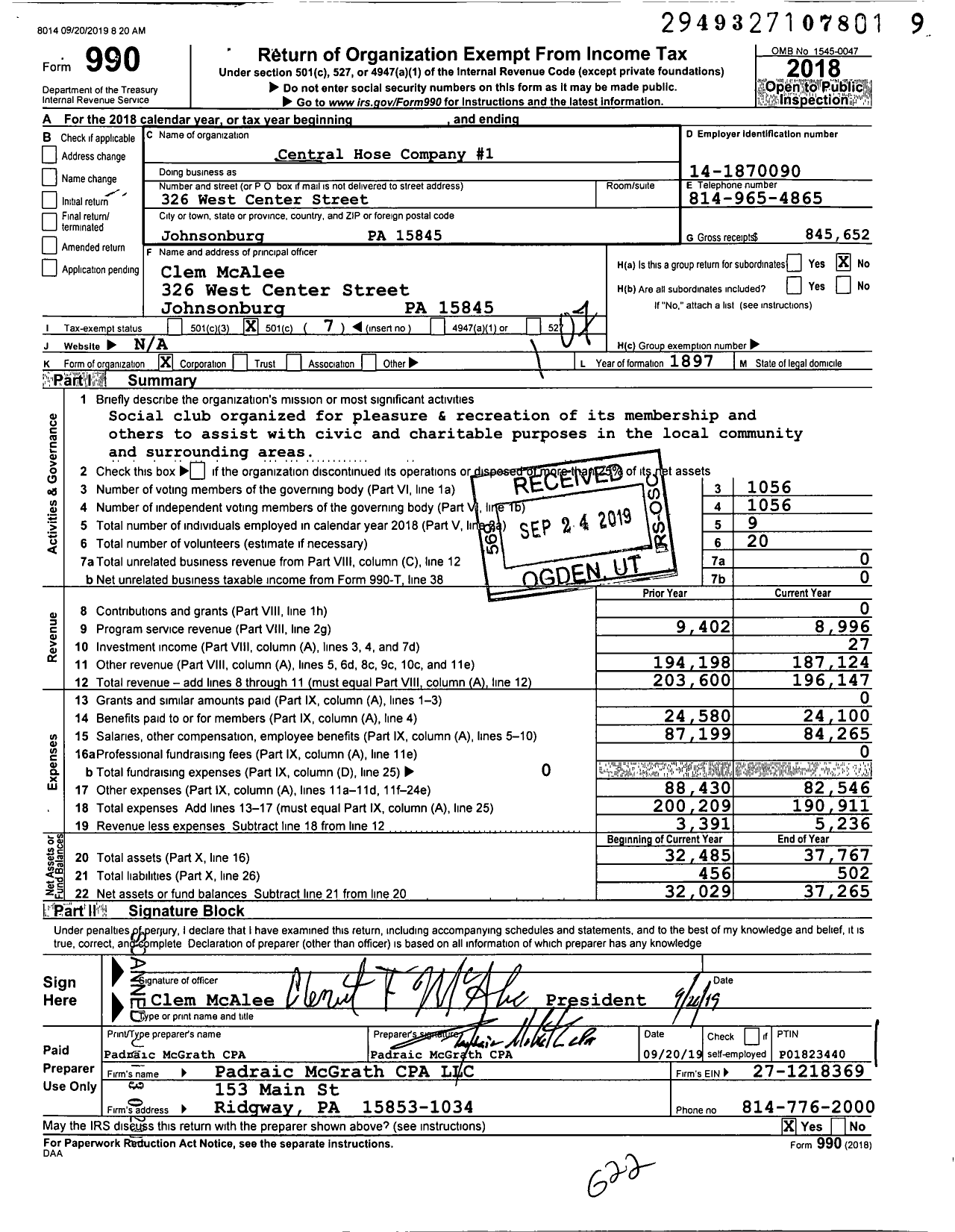 Image of first page of 2018 Form 990O for The Central Hose Company No 1 of Johnsonburg