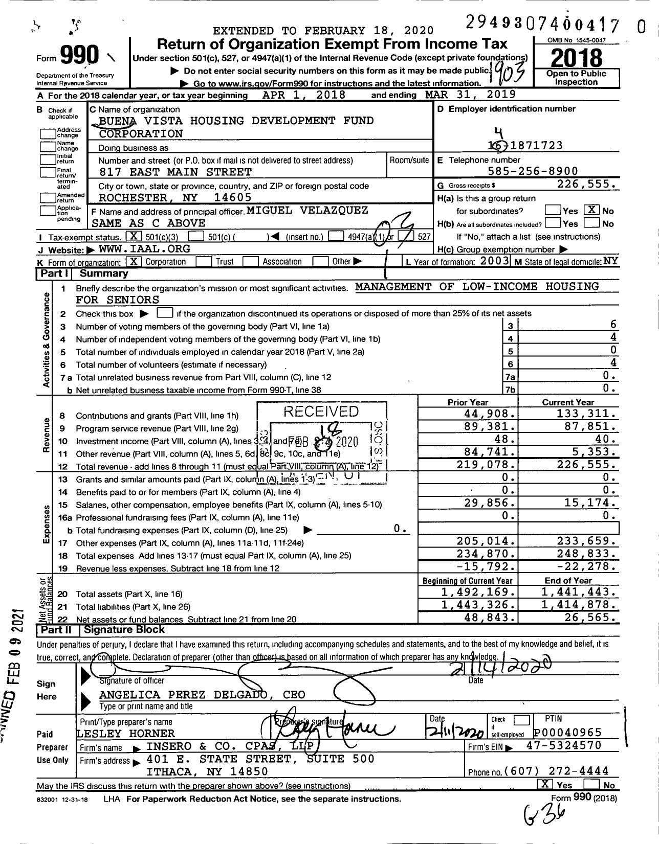 Image of first page of 2018 Form 990 for Buena Vista Housing Development Fund Corporation