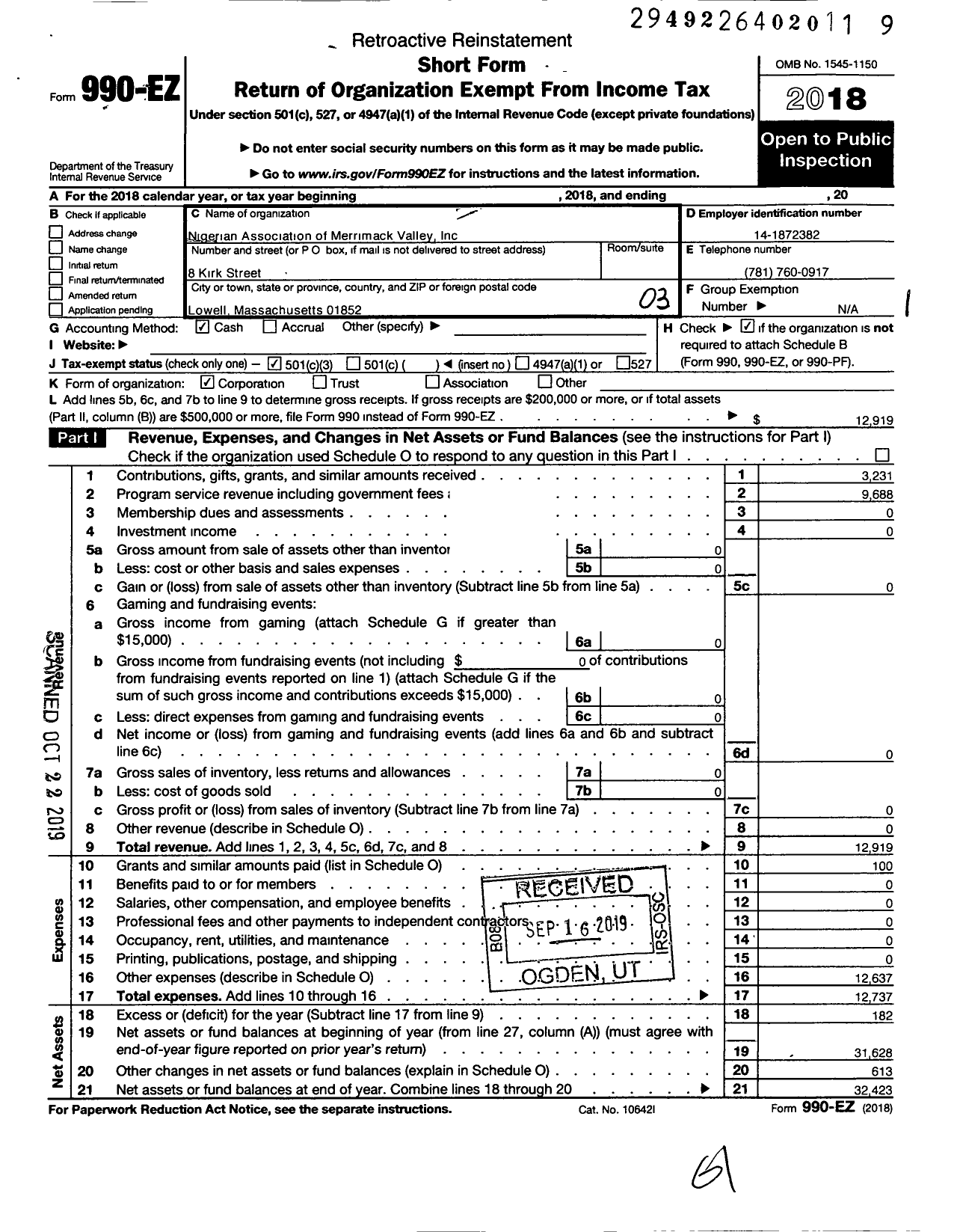 Image of first page of 2018 Form 990EZ for Nigerian Association of Merrimack Valley