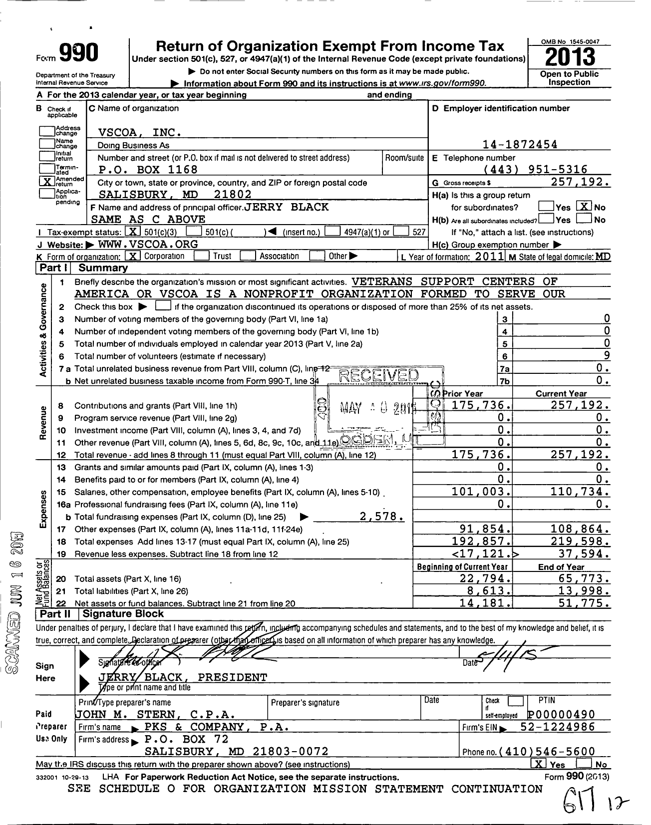 Image of first page of 2013 Form 990 for Vscoa