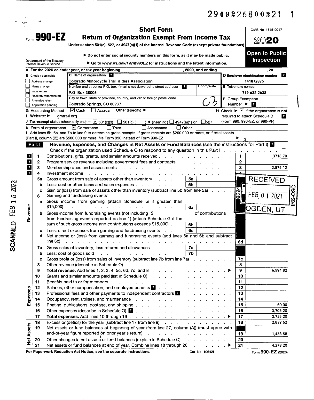 Image of first page of 2020 Form 990EZ for Colorado Motorcycle Trail Riders Association (CMTRA)