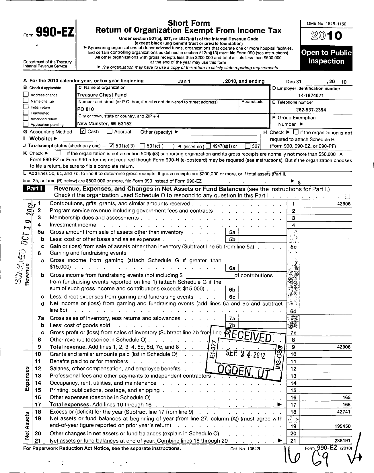 Image of first page of 2010 Form 990EZ for Treasure Chest Fund