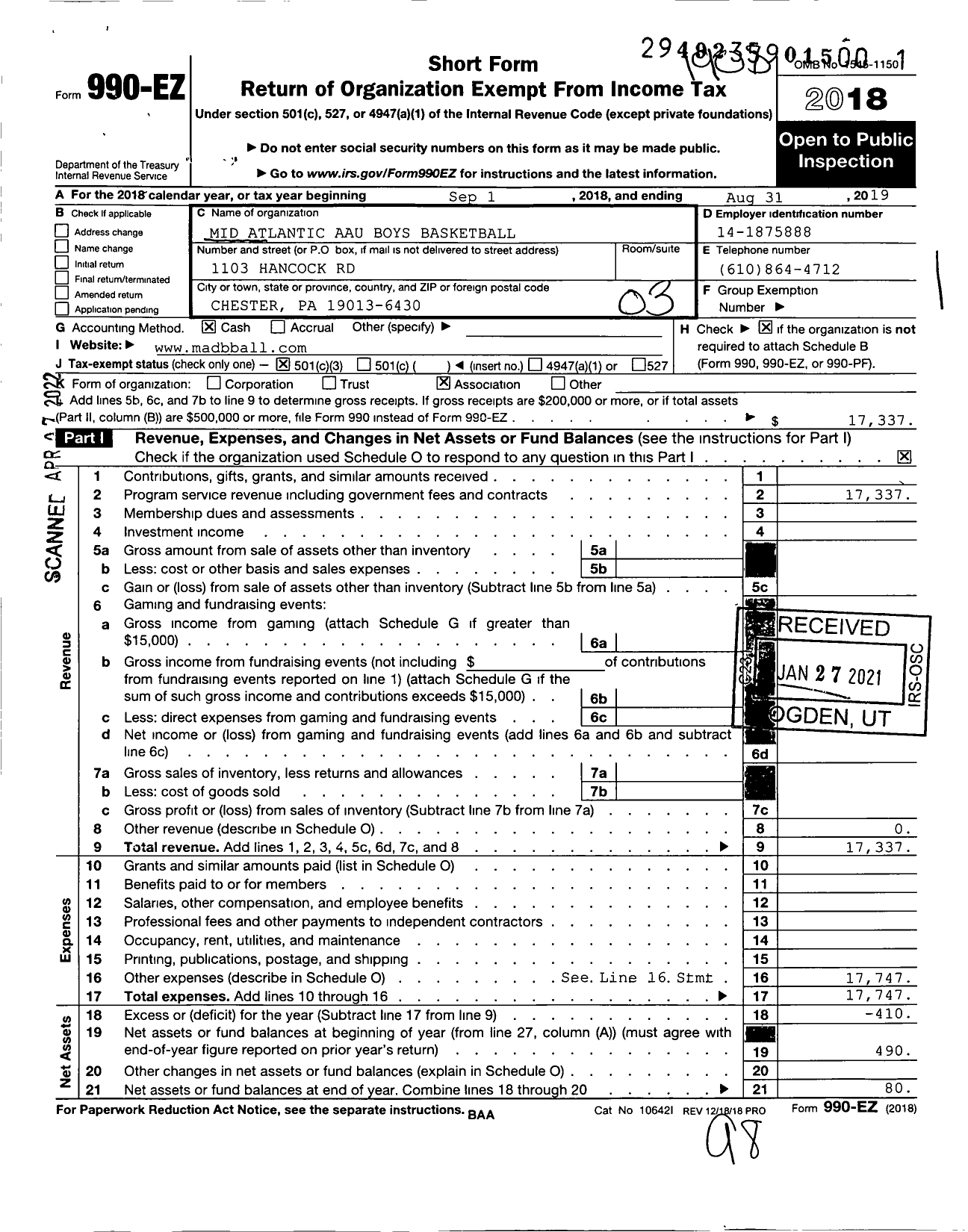 Image of first page of 2018 Form 990EZ for Amateur Athletic Union - Middle Atlantic Aau Boys Basketball