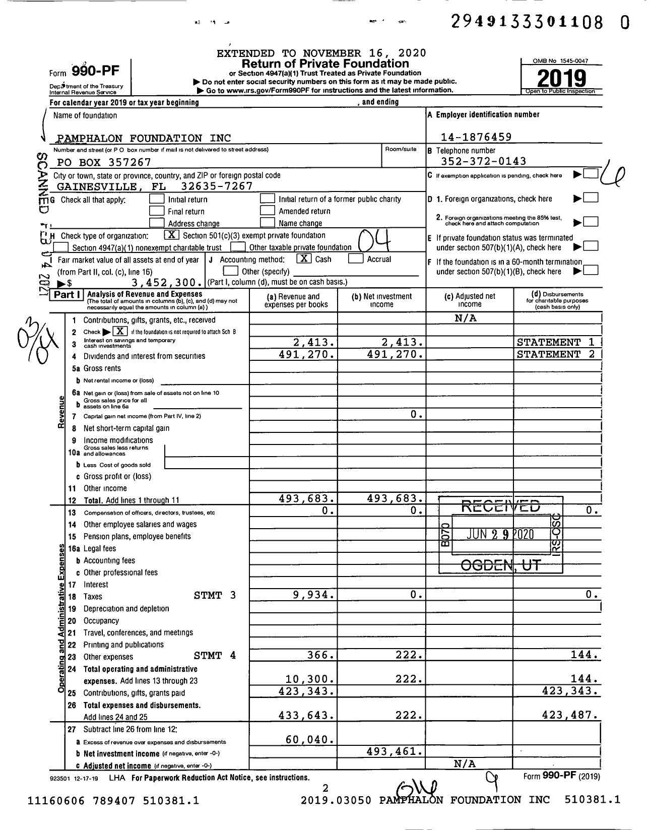 Image of first page of 2019 Form 990PF for Pamphalon Foundation