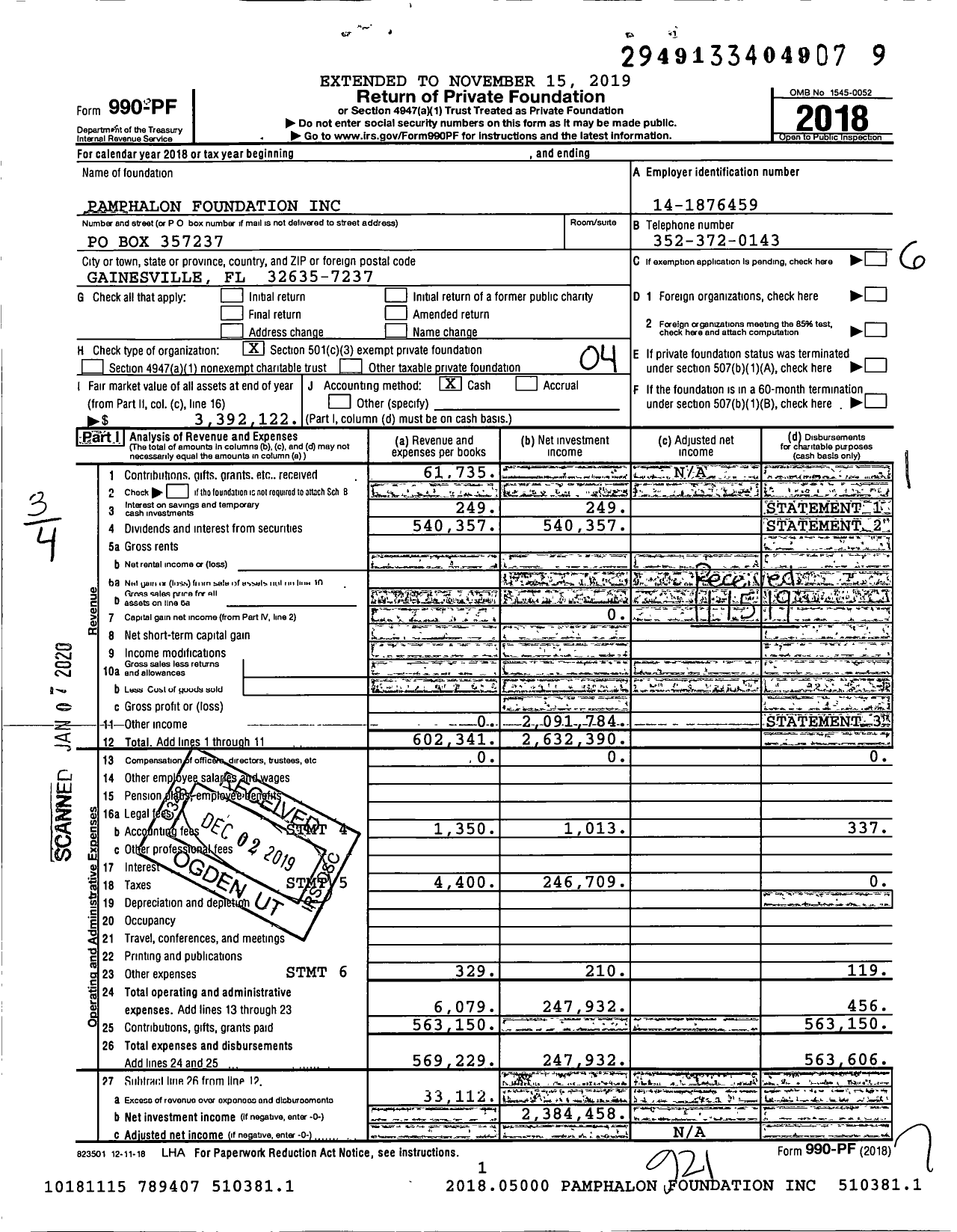 Image of first page of 2018 Form 990PF for Pamphalon Foundation