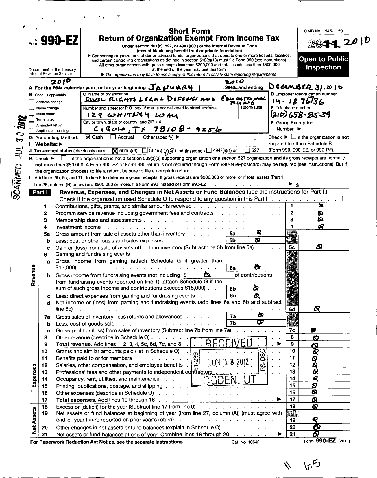 Image of first page of 2010 Form 990EZ for Civil Rights Legal Defense and Educational Fund