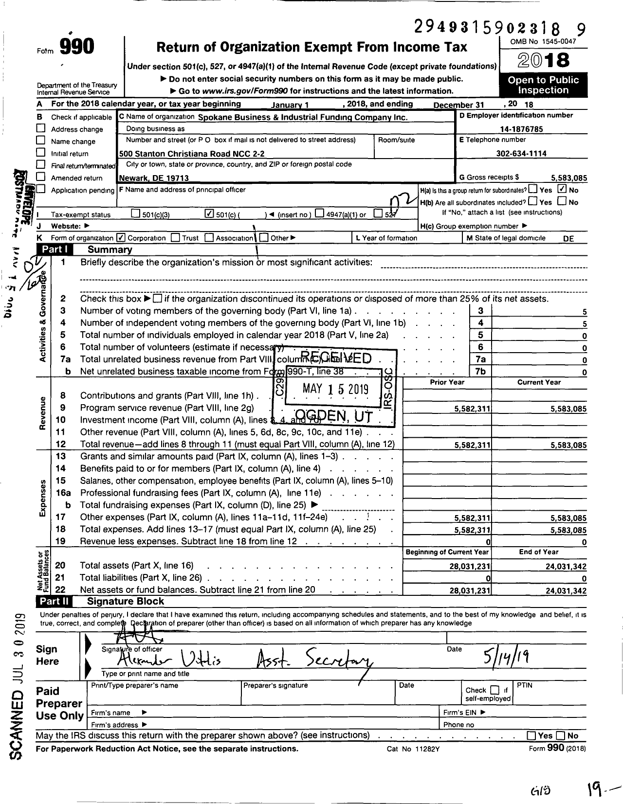 Image of first page of 2018 Form 990O for Spokane Business and Industrial Funding Company