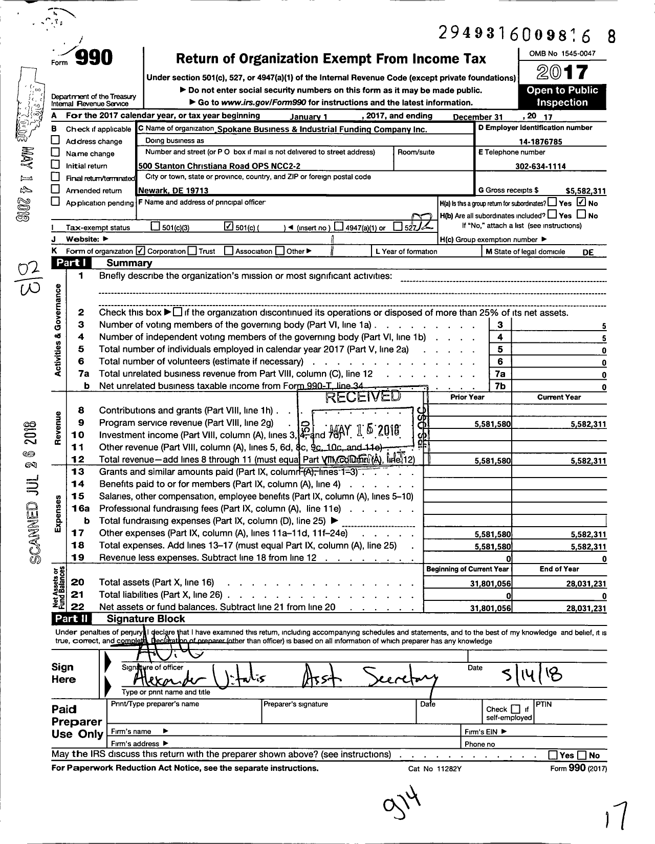 Image of first page of 2017 Form 990O for Spokane Business and Industrial Funding Company