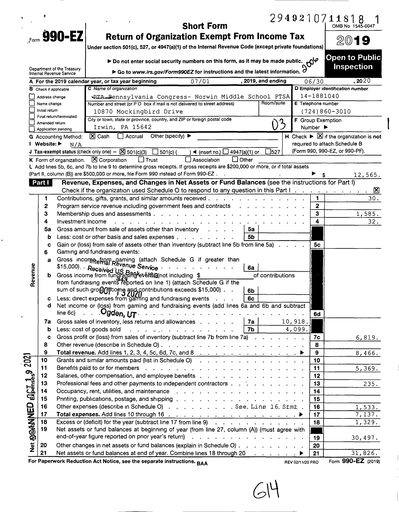 Image of first page of 2019 Form 990EZ for PTA Pennsylvania Congress- Norwin Middle School PTSA