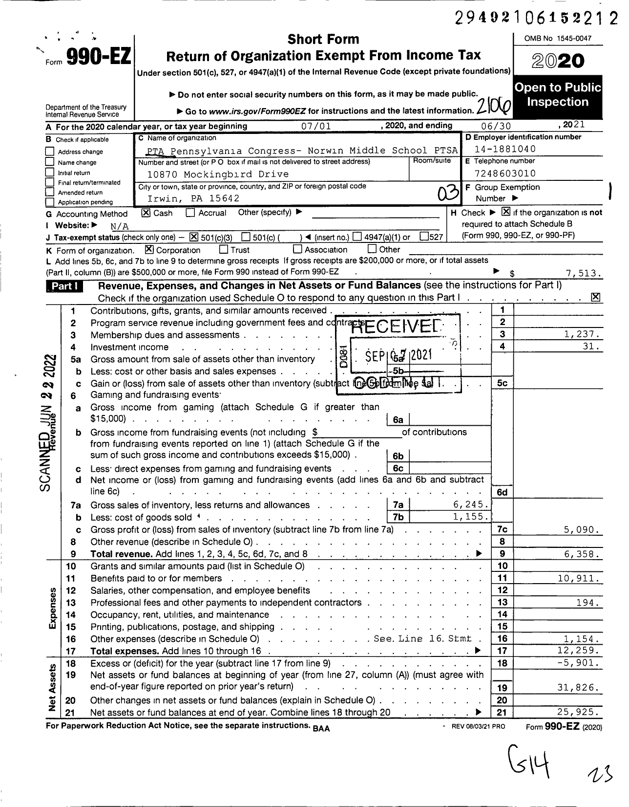 Image of first page of 2020 Form 990EZ for PTA Pennsylvania Congress- Norwin Middle School PTSA