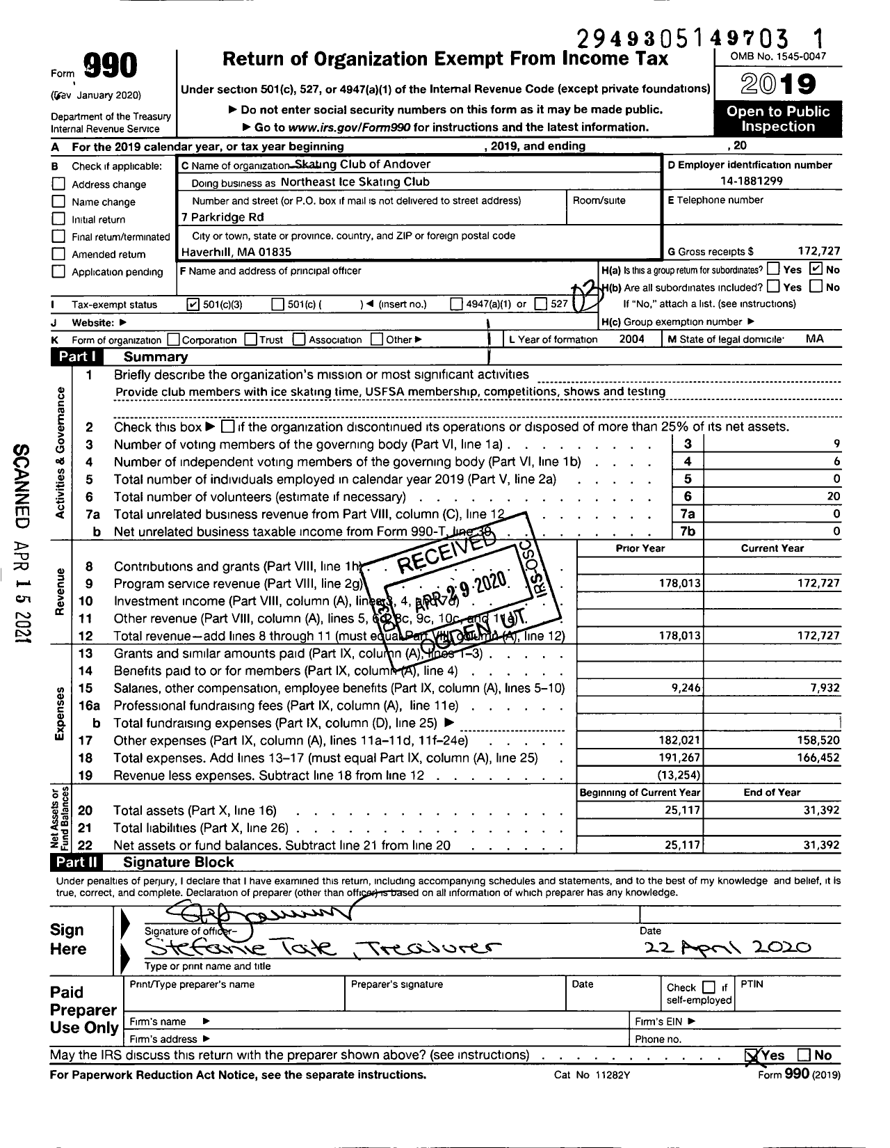 Image of first page of 2019 Form 990 for Northeast Ice Skating Club