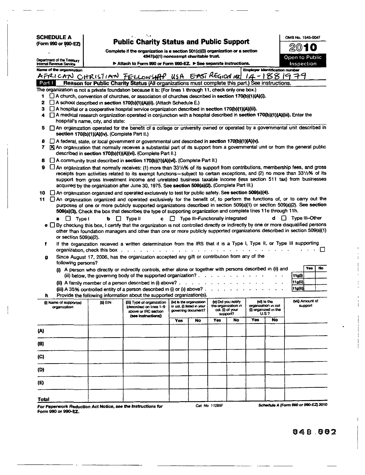 Image of first page of 2010 Form 990ER for AFRICAN CHRISTIAN FELLOWSHIP East Region