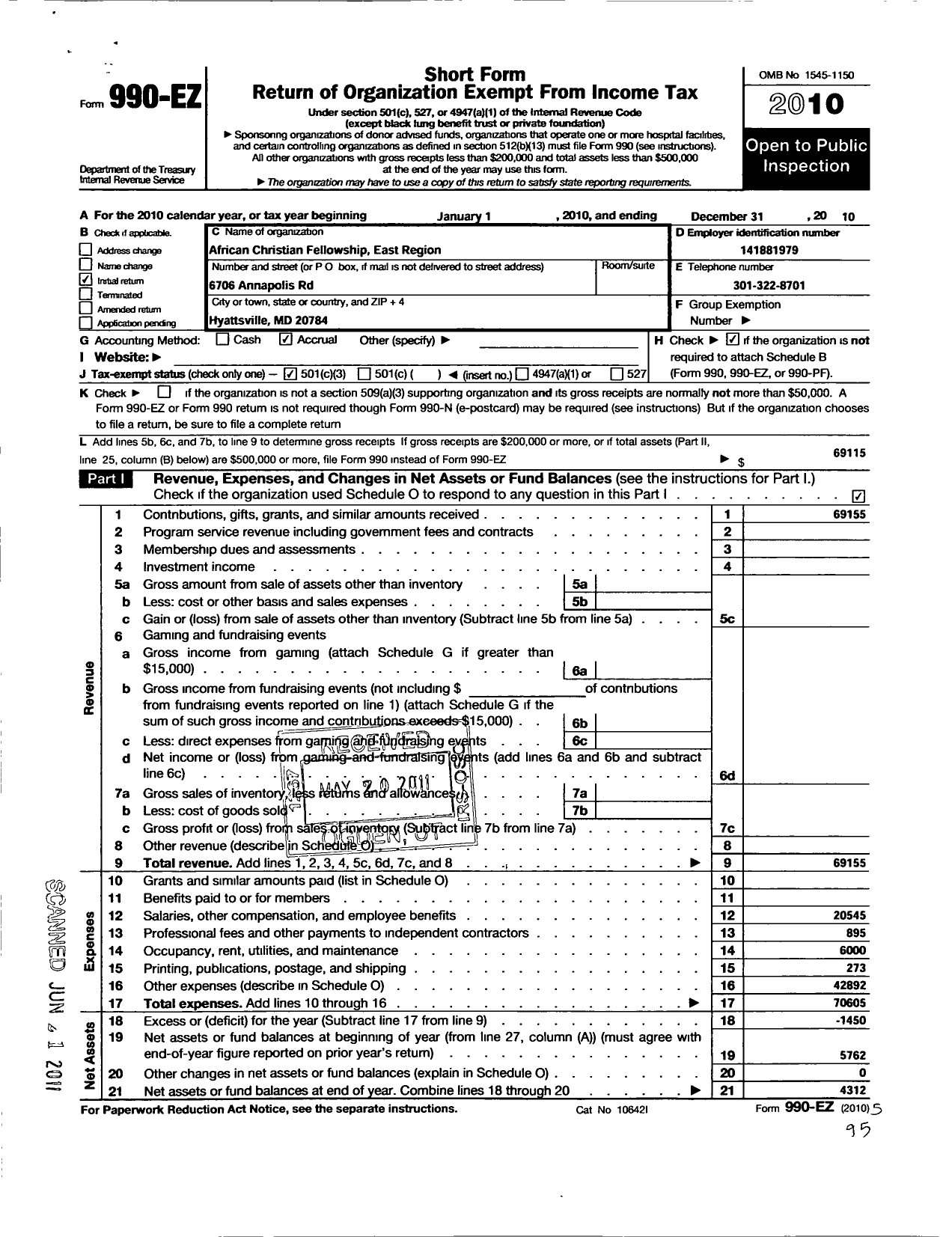 Image of first page of 2010 Form 990EZ for AFRICAN CHRISTIAN FELLOWSHIP East Region