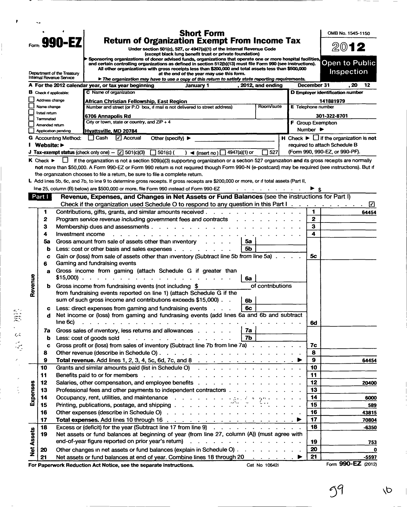 Image of first page of 2012 Form 990EZ for AFRICAN CHRISTIAN FELLOWSHIP East Region