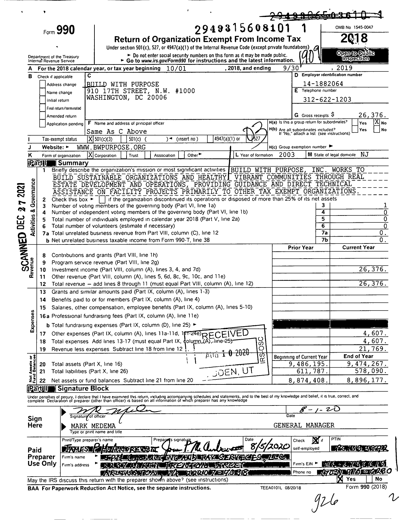 Image of first page of 2018 Form 990 for Build with Purpose