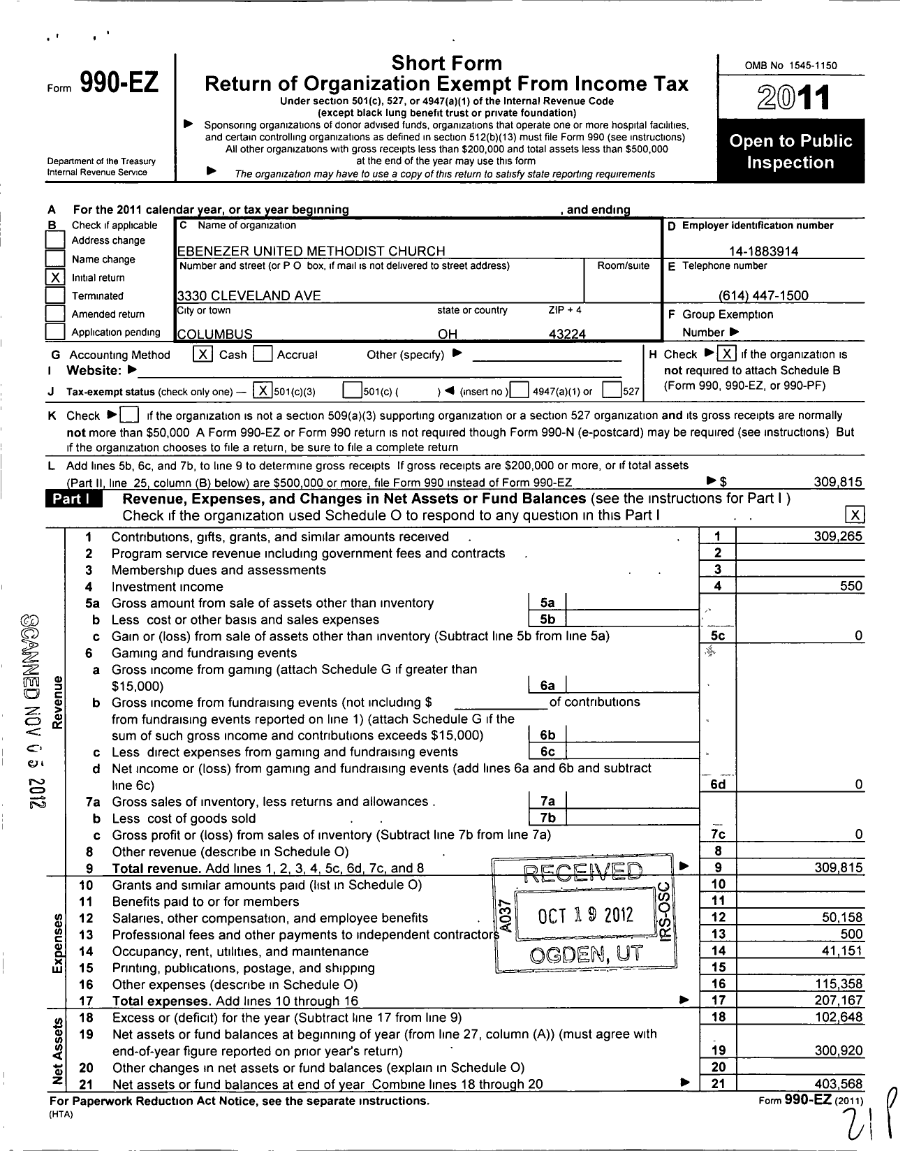 Image of first page of 2011 Form 990EZ for Ebenezer United Methodist Church