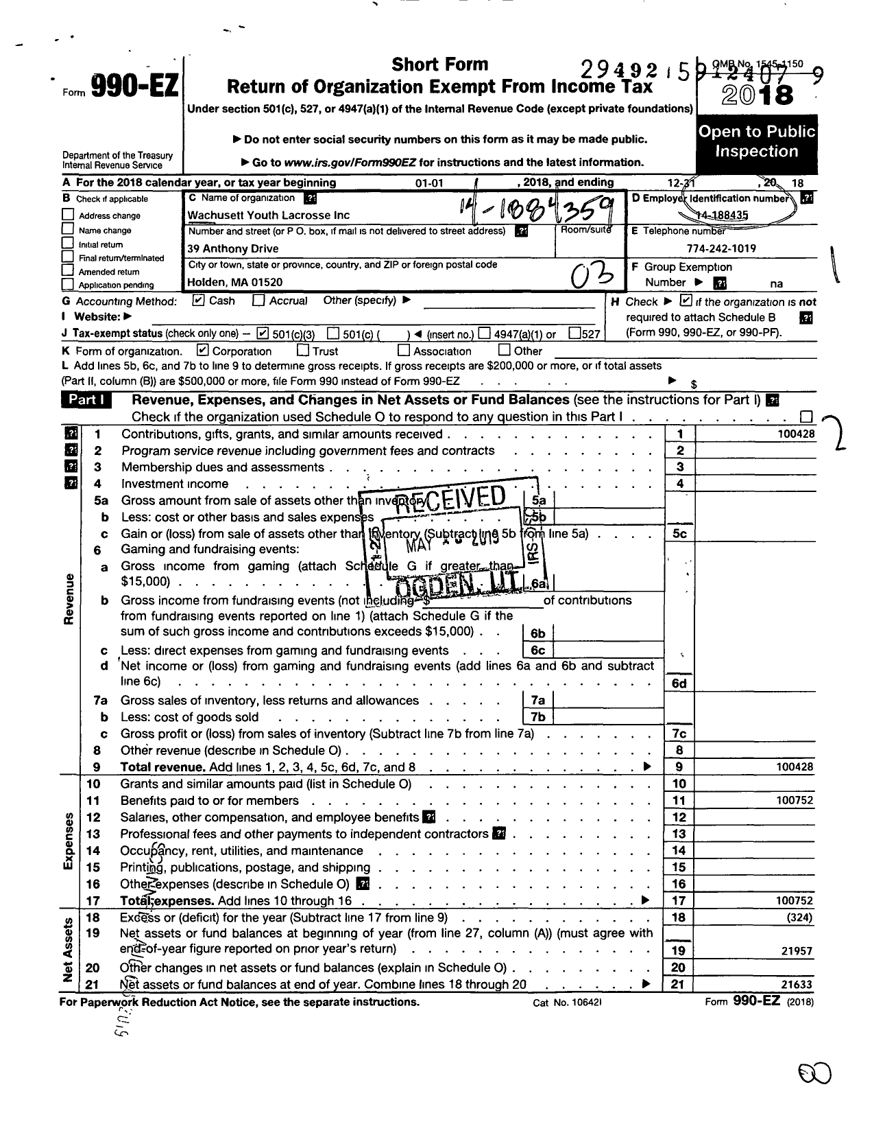 Image of first page of 2018 Form 990EZ for Wachusett Youth Lacrosse