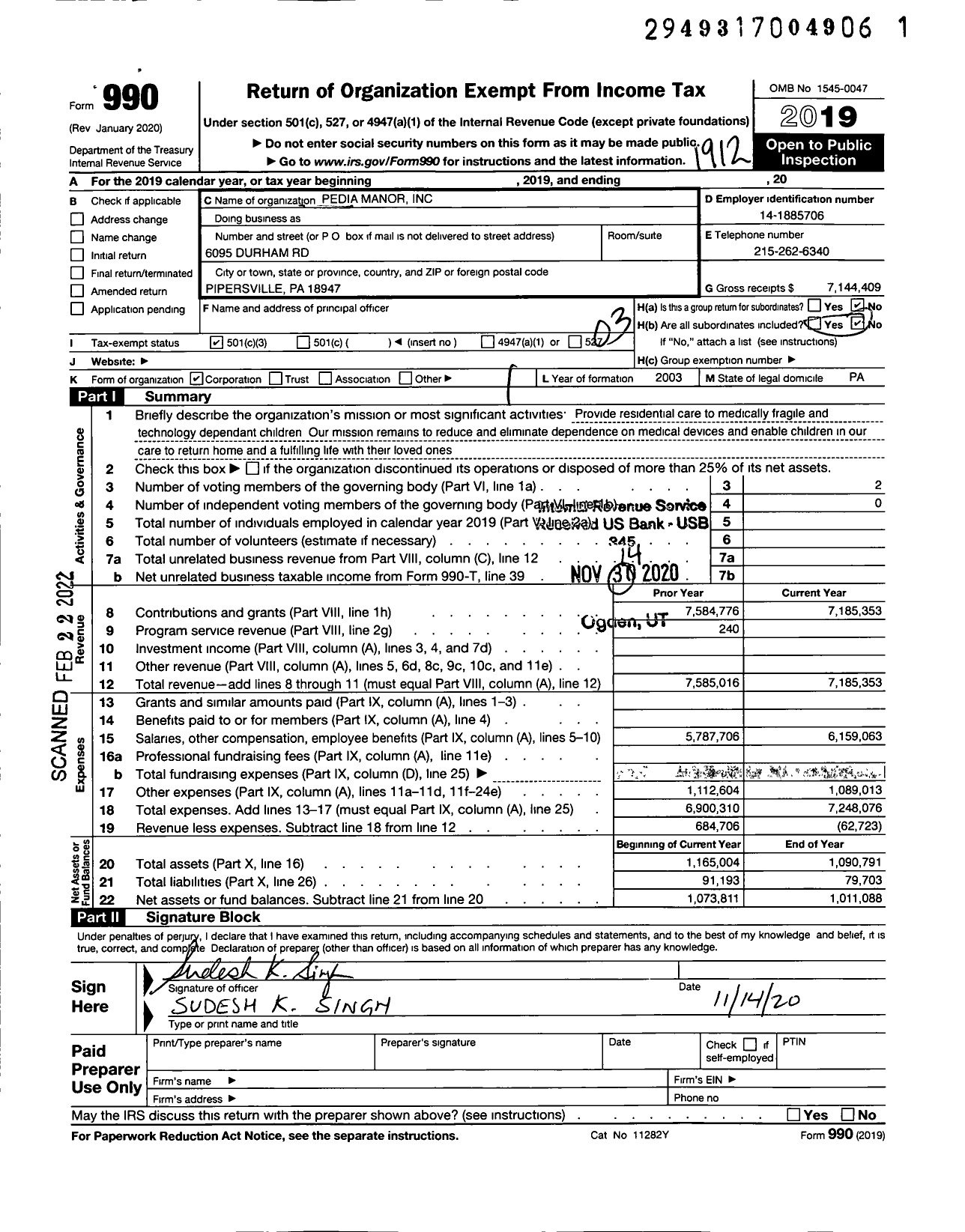 Image of first page of 2019 Form 990 for Pedia Manor