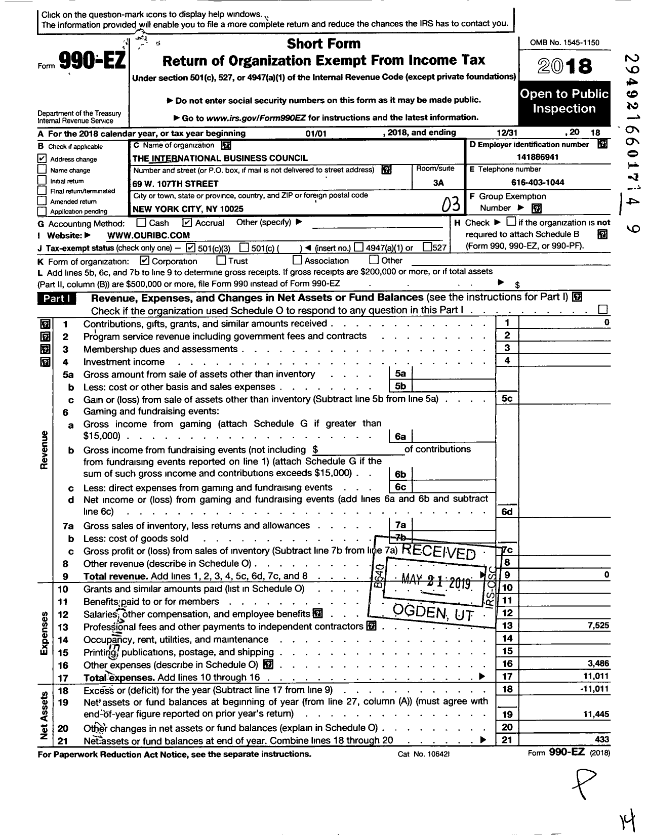 Image of first page of 2018 Form 990EZ for International Business Council