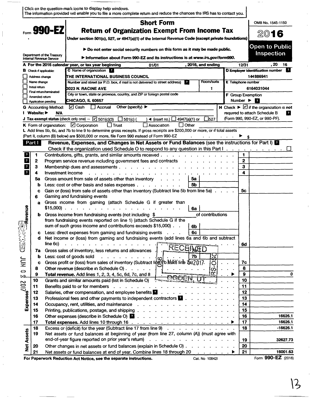 Image of first page of 2016 Form 990EZ for International Business Council