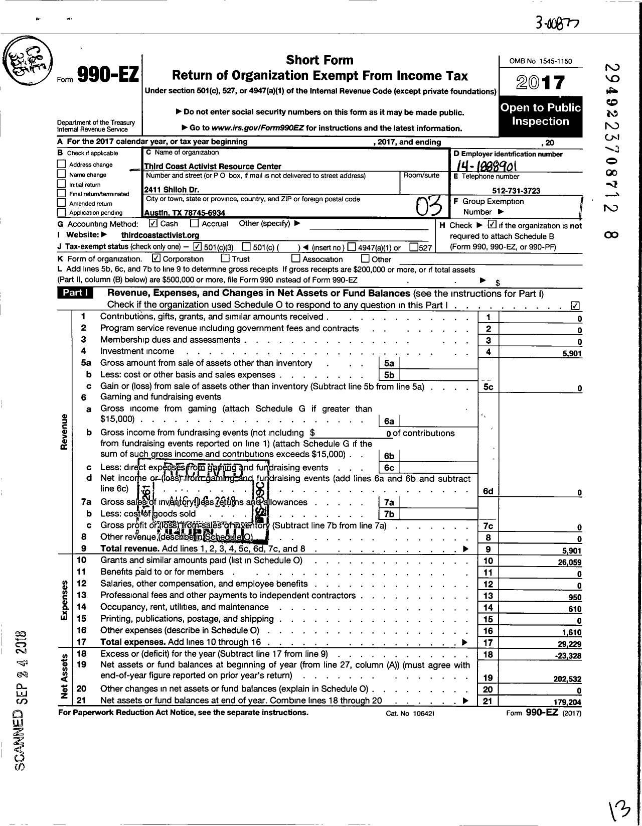 Image of first page of 2017 Form 990EZ for Third Coast Activist Resource Center