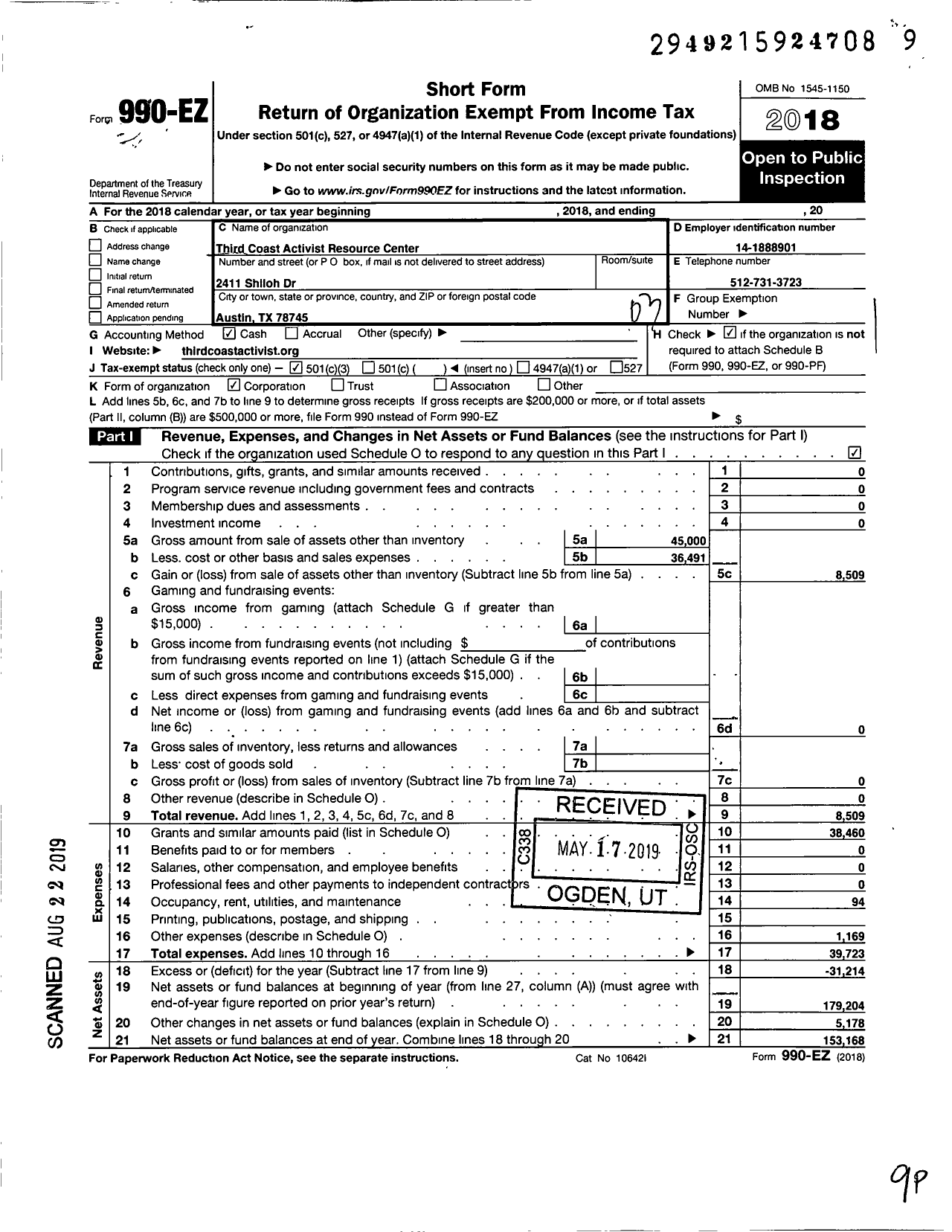 Image of first page of 2018 Form 990EZ for Third Coast Activist Resource Center