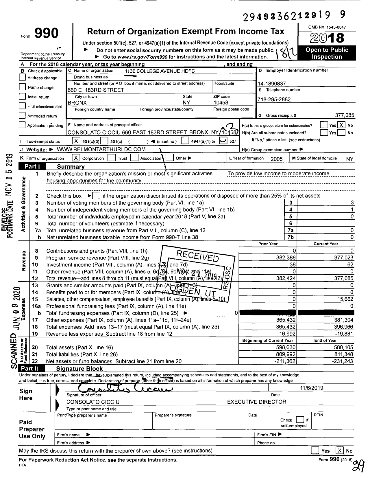 Image of first page of 2018 Form 990 for 1130 College Avenue HDFC