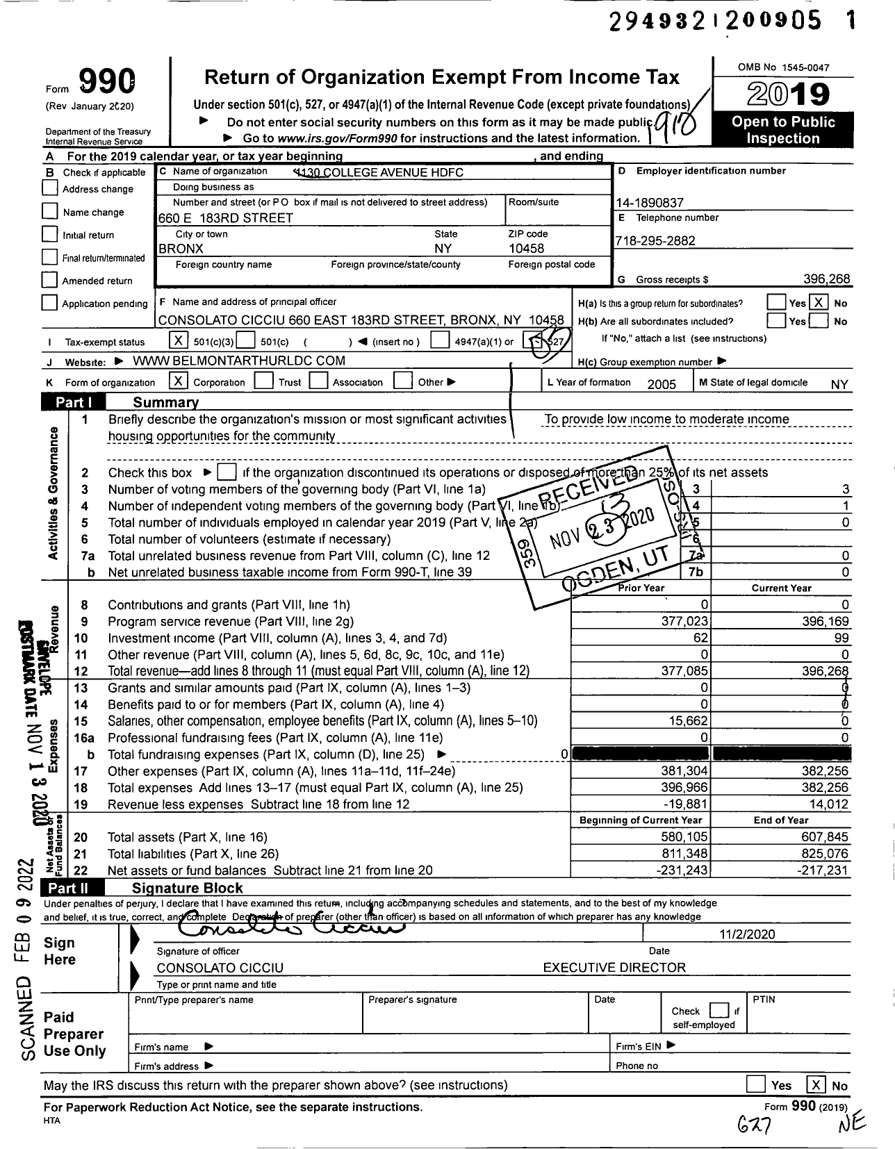 Image of first page of 2019 Form 990 for 1130 College Avenue HDFC