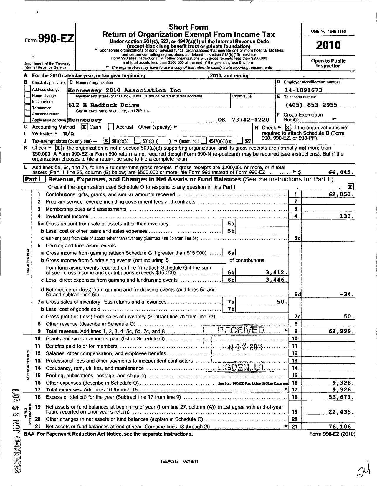 Image of first page of 2010 Form 990EZ for Hennessey United Association