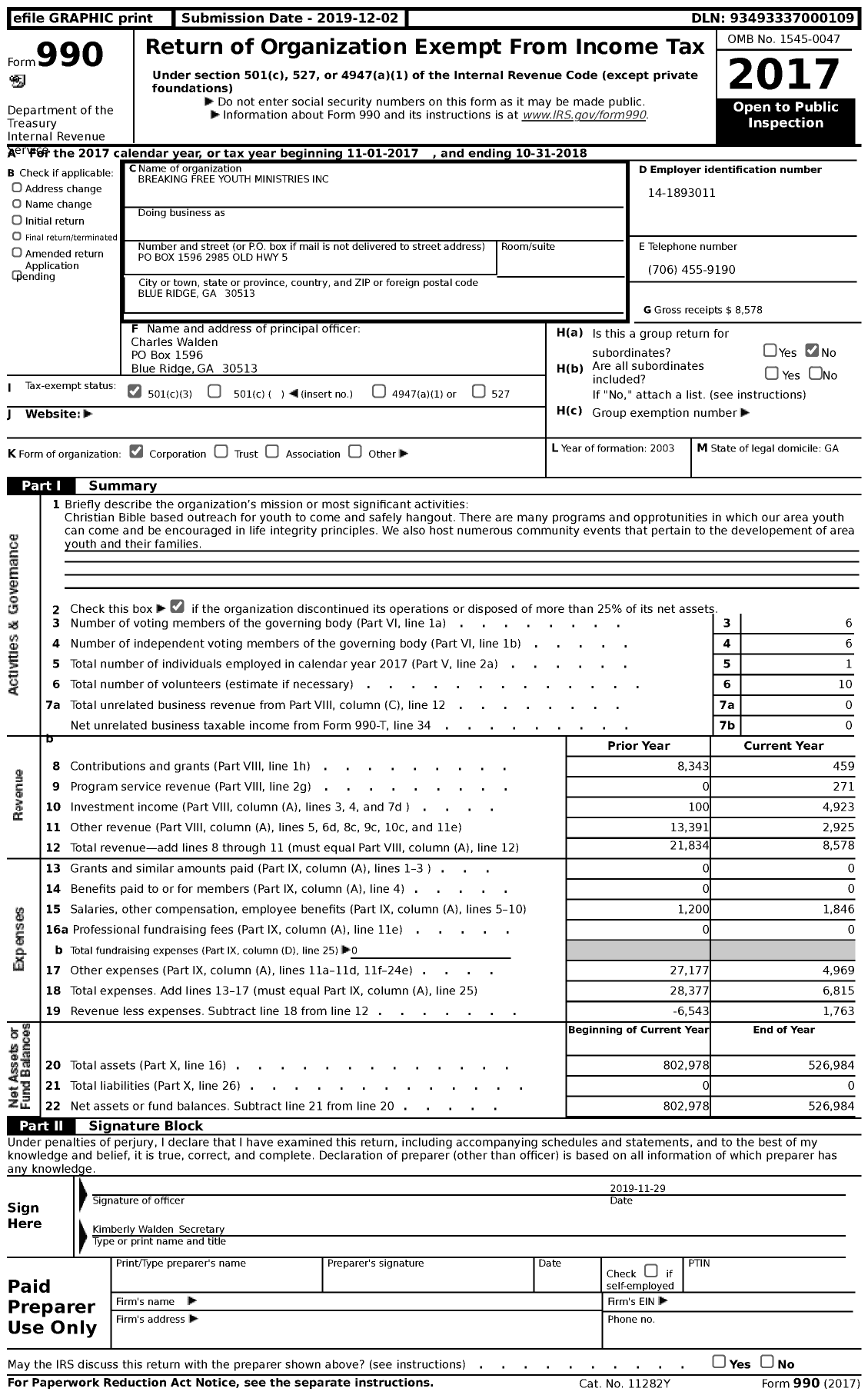 Image of first page of 2017 Form 990 for Breaking Free Youth Ministries